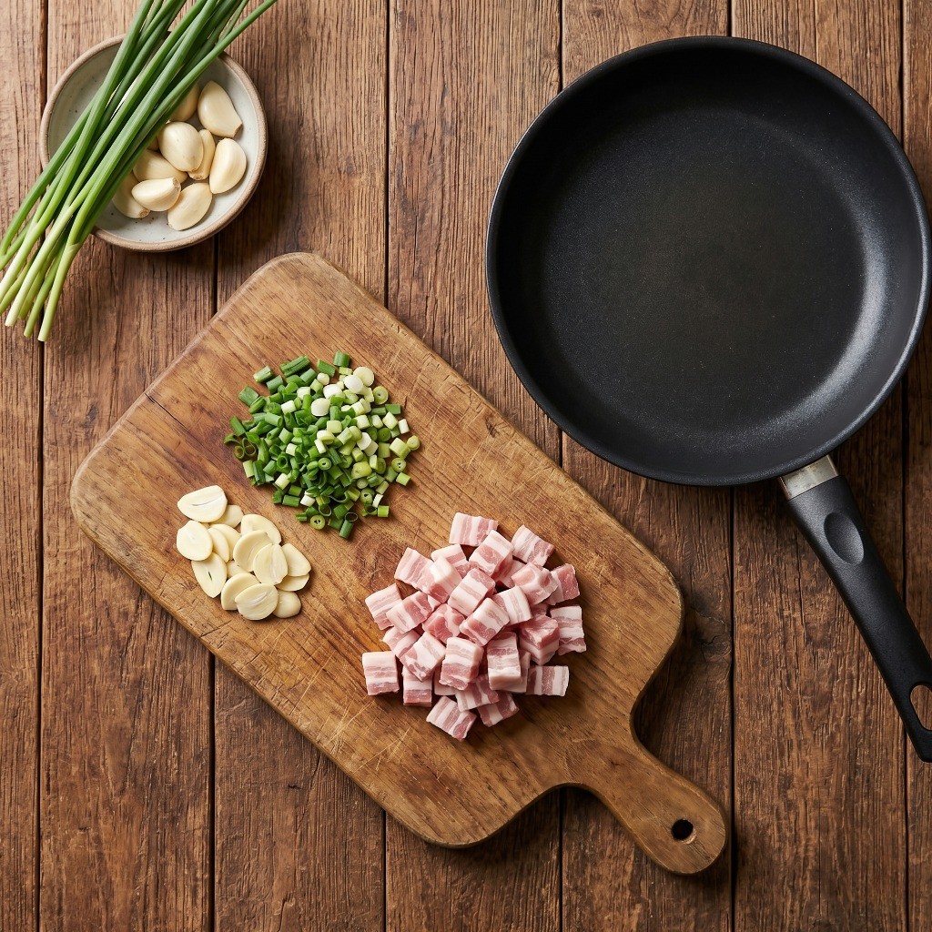 이연복 치즈 김치볶음밥 재료 준비: 썰어둔 파, 마늘, 삼겹살