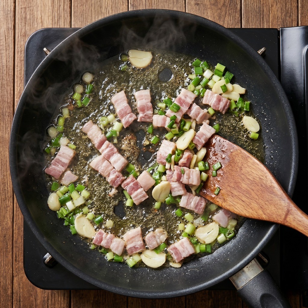 프라이팬에 파, 마늘, 삼겹살을 넣어 파기름을 내며 볶는 모습