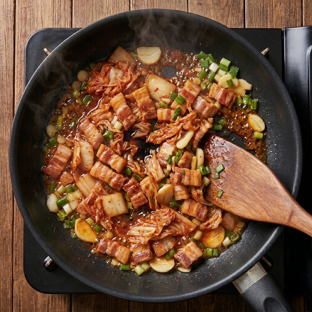삼겹살 기름에 잘게 썬 김치와 간장, 설탕 등 양념을 함께 볶는 과정