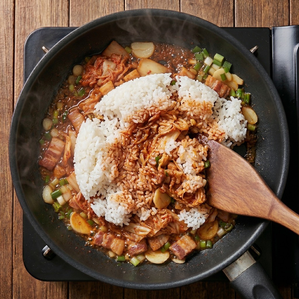 수분을 날린 즉석밥을 볶은 김치 양념에 넣고 골고루 비벼주는 모습