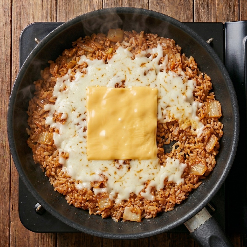 넓게 편 김치볶음밥 위에 체다치즈와 모짜렐라 치즈를 듬뿍 올린 모습