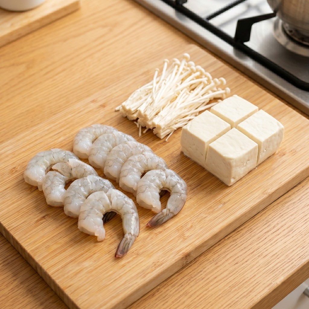 새우탕 재료 손질 - 칼집 낸 새우와 뜯은 팽이버섯, 십자 모양 연두부 준비