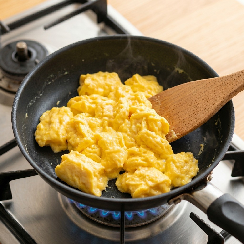 연두부 새우탕 비법 재료 - 프라이팬에 볶아낸 큼직한 스크램블 에그