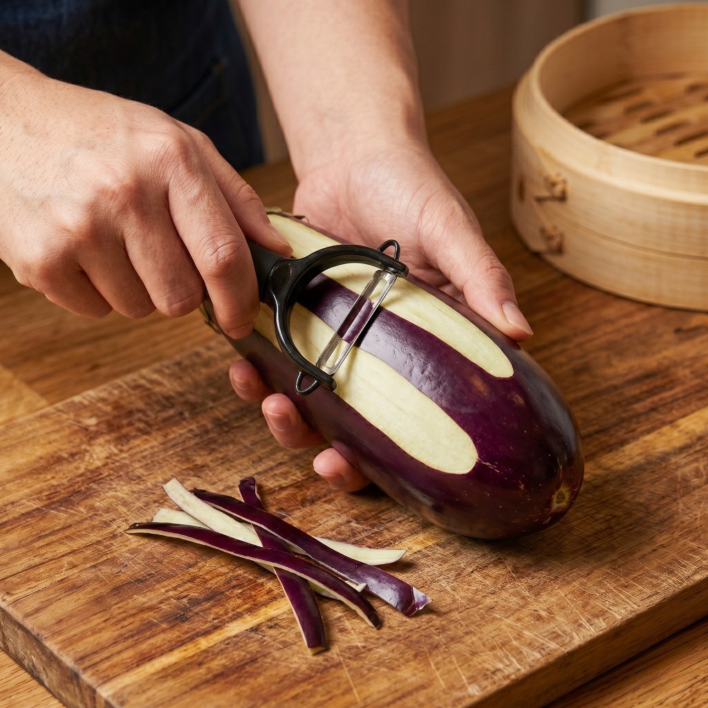 이연복 가지덮밥 레시피 1단계: 껍질을 벗겨 반으로 자른 가지를 찜기에 넣고 부드럽게 찌는 과정