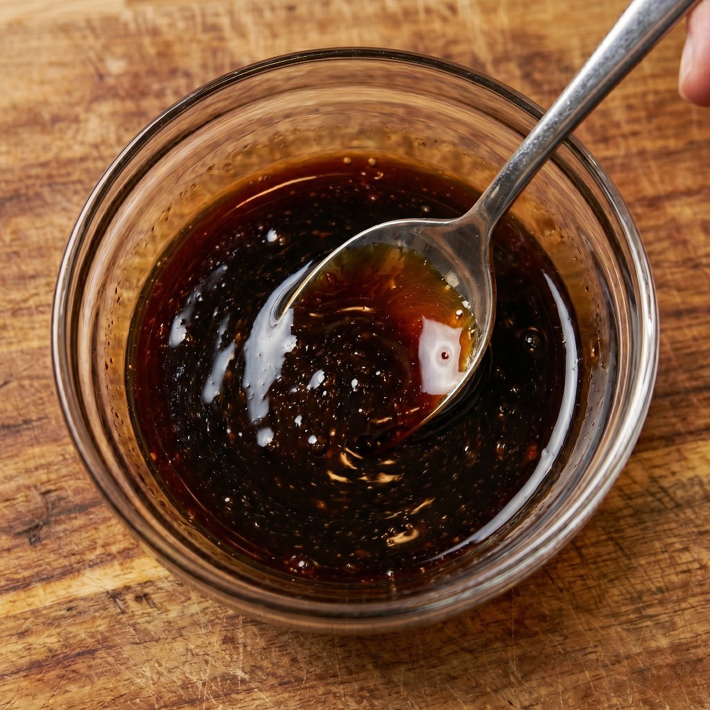 이연복 가지덮밥 특제 소스 황금비율 만들기: 간장, 굴소스, 참치액 등을 섞는 모습