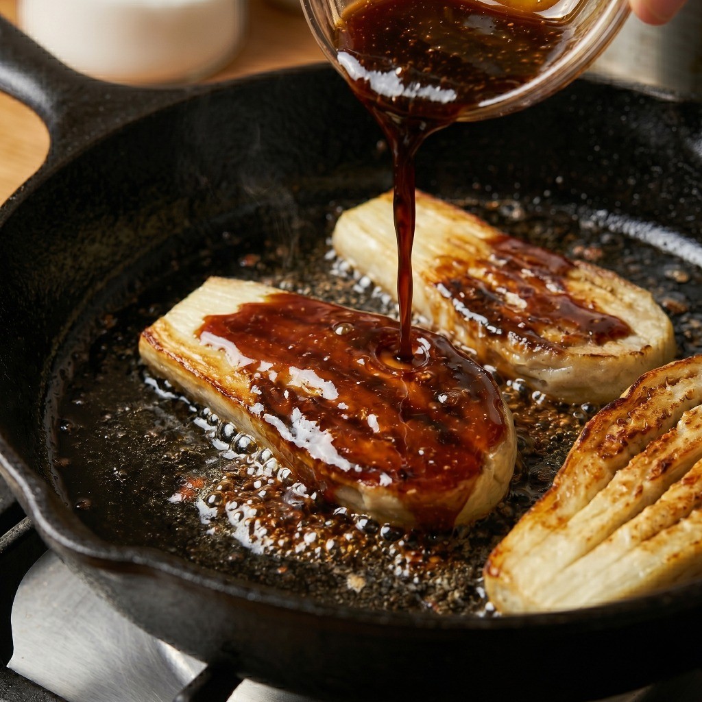 이연복 가지덮밥 완성: 구워진 가지 위에 덮밥 소스를 붓고 쫀득하게 졸여 흰 밥 위에 올린 모습