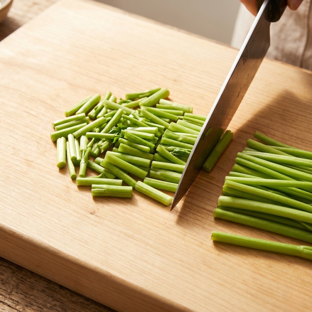 도마 위에서 씻은 제철 미나리를 전 부치기 좋은 크기로 짧게 써는 과정