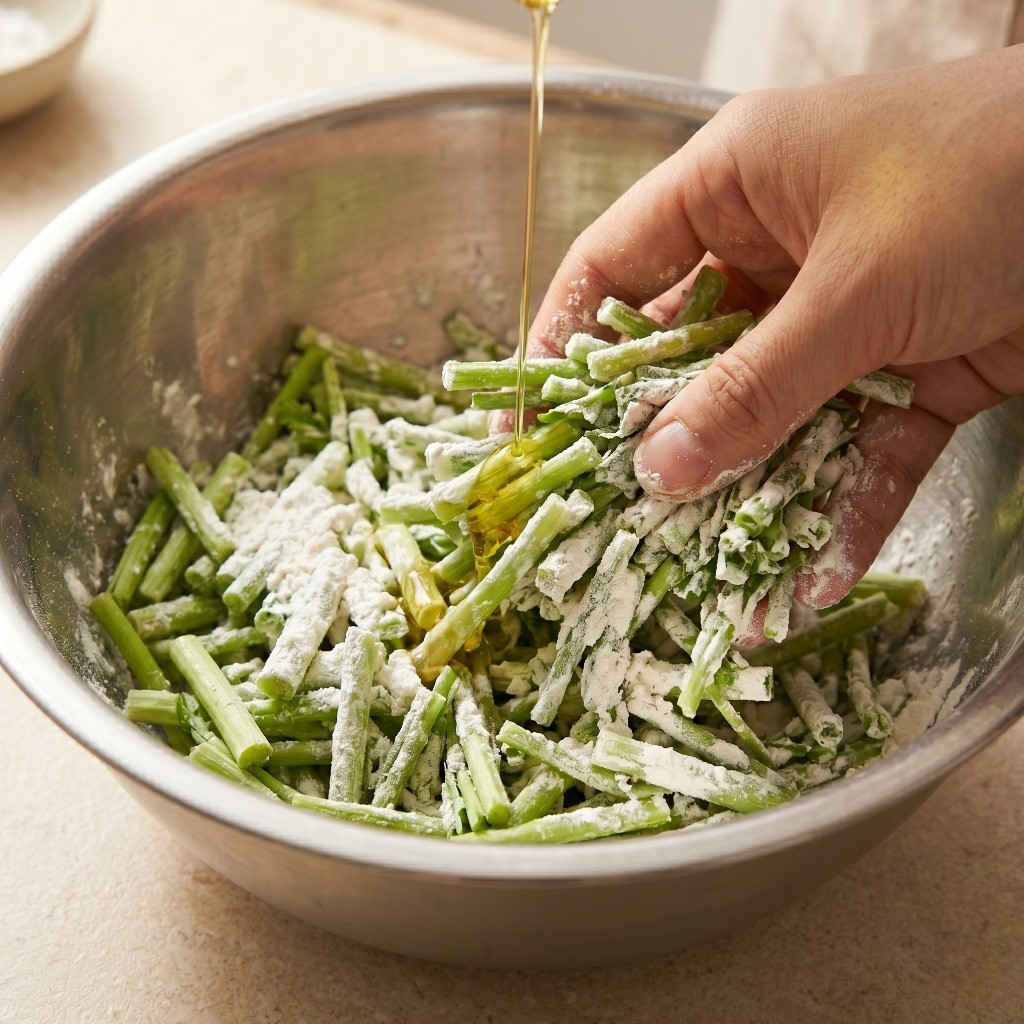 볼에 담긴 미나리에 부침가루와 식용유를 넣고 물 없이 조물조물 버무리는 반죽 과정