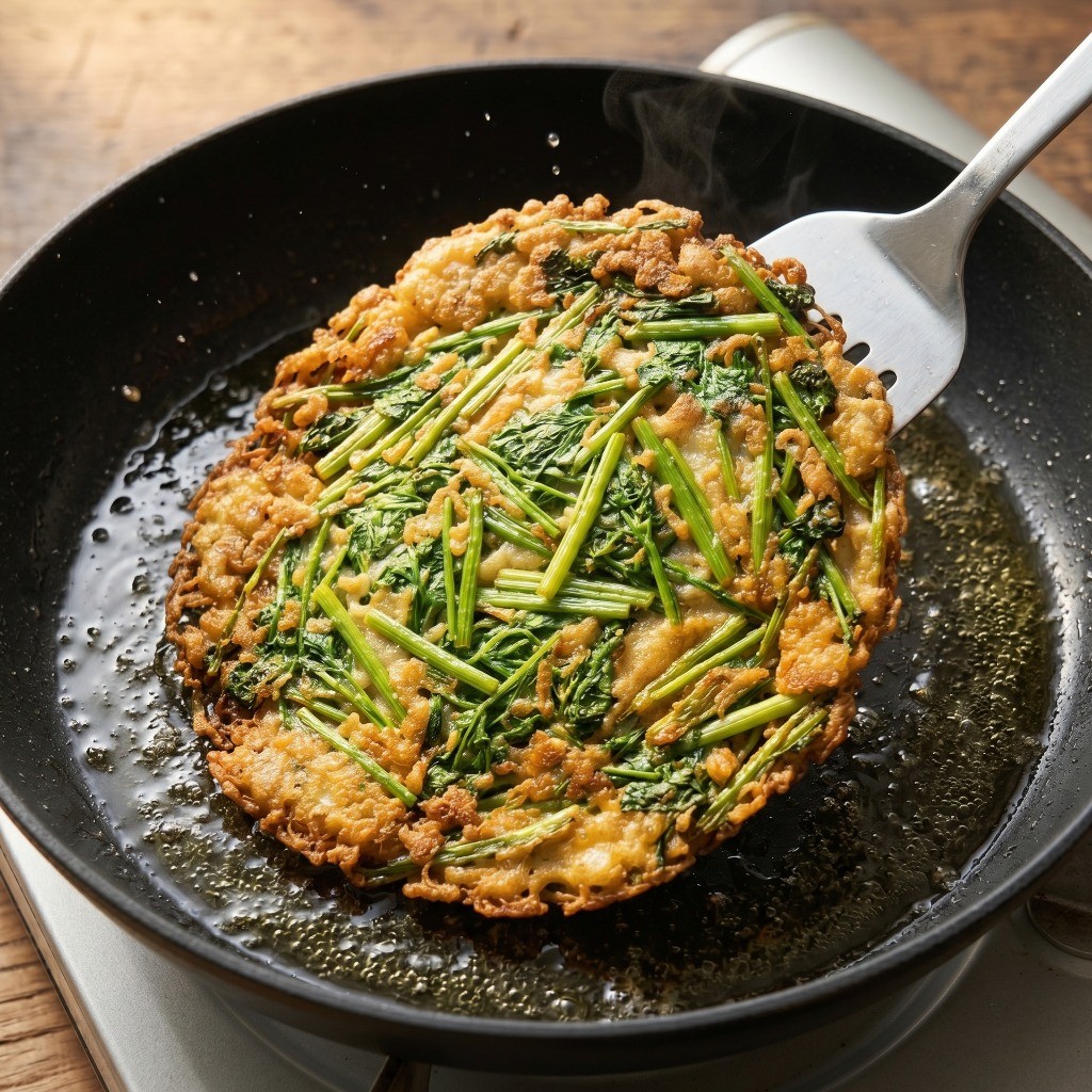 가장자리가 바삭하고 노릇노릇하게 잘 구워진 이연복 미나리전을 뒤집개로 뒤집는 모습