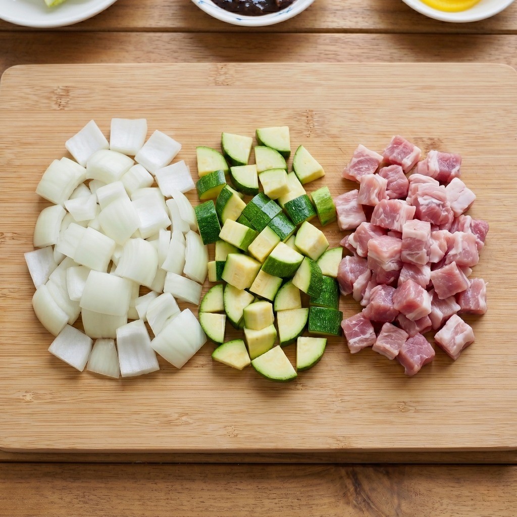 쟁반 간짜장 재료인 양파, 애호박, 돼지고기를 깍둑썰기한 준비 단계
