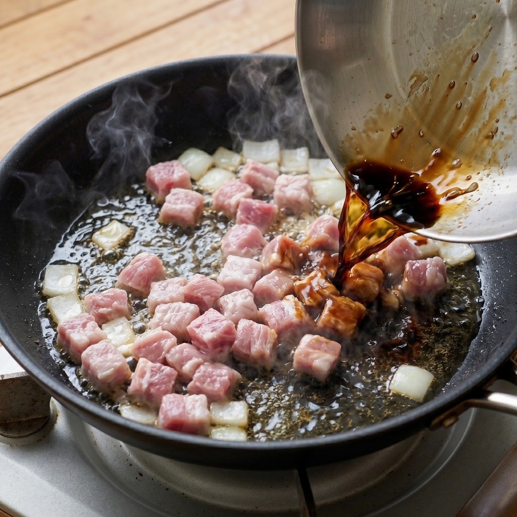 프라이팬에 돼지고기와 양파를 볶으며 진간장으로 불향을 내는 간짜장 조리 과정