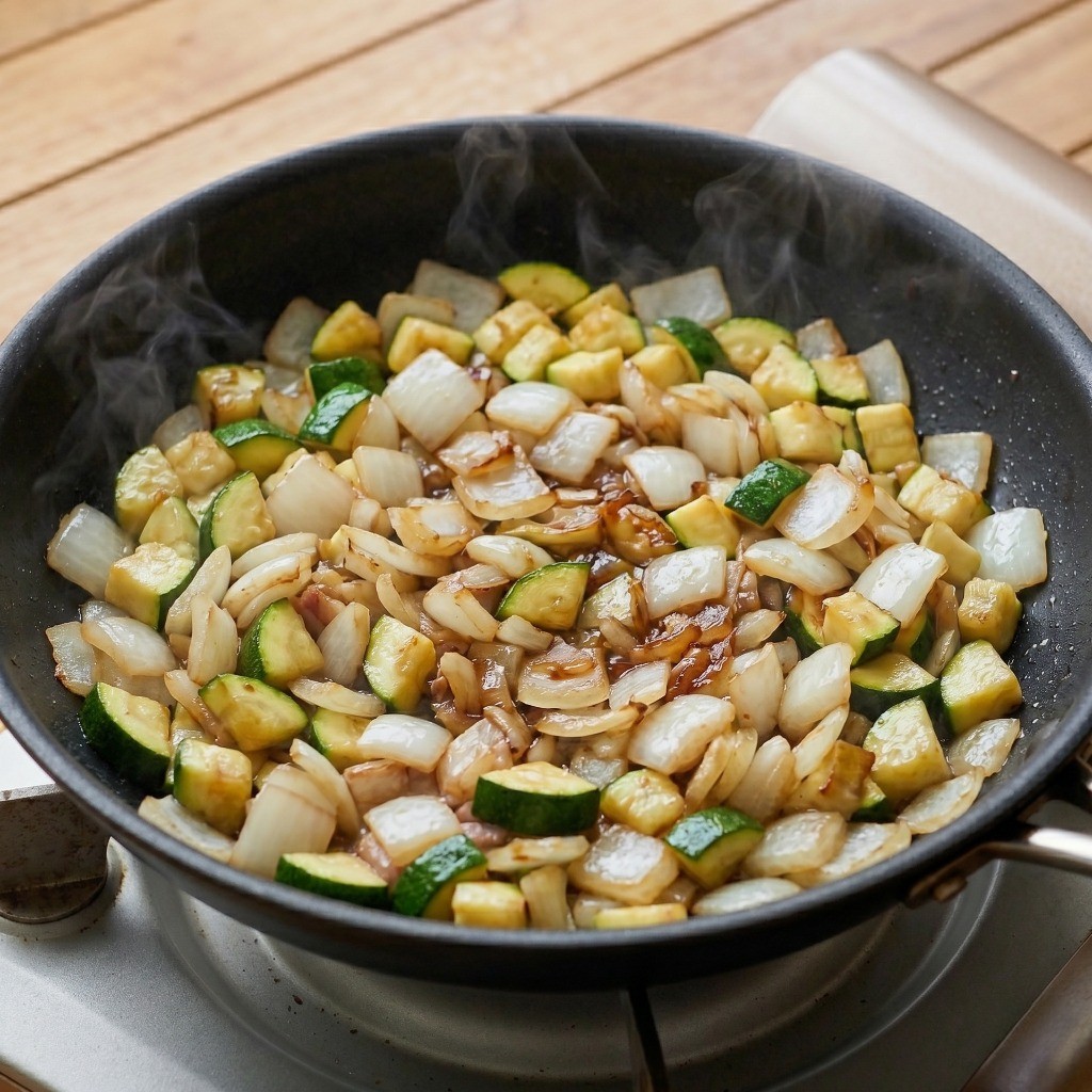 손질한 양파와 애호박을 듬뿍 넣고 달달 볶아 단맛을 내는 쟁반짜장 레시피 과정
