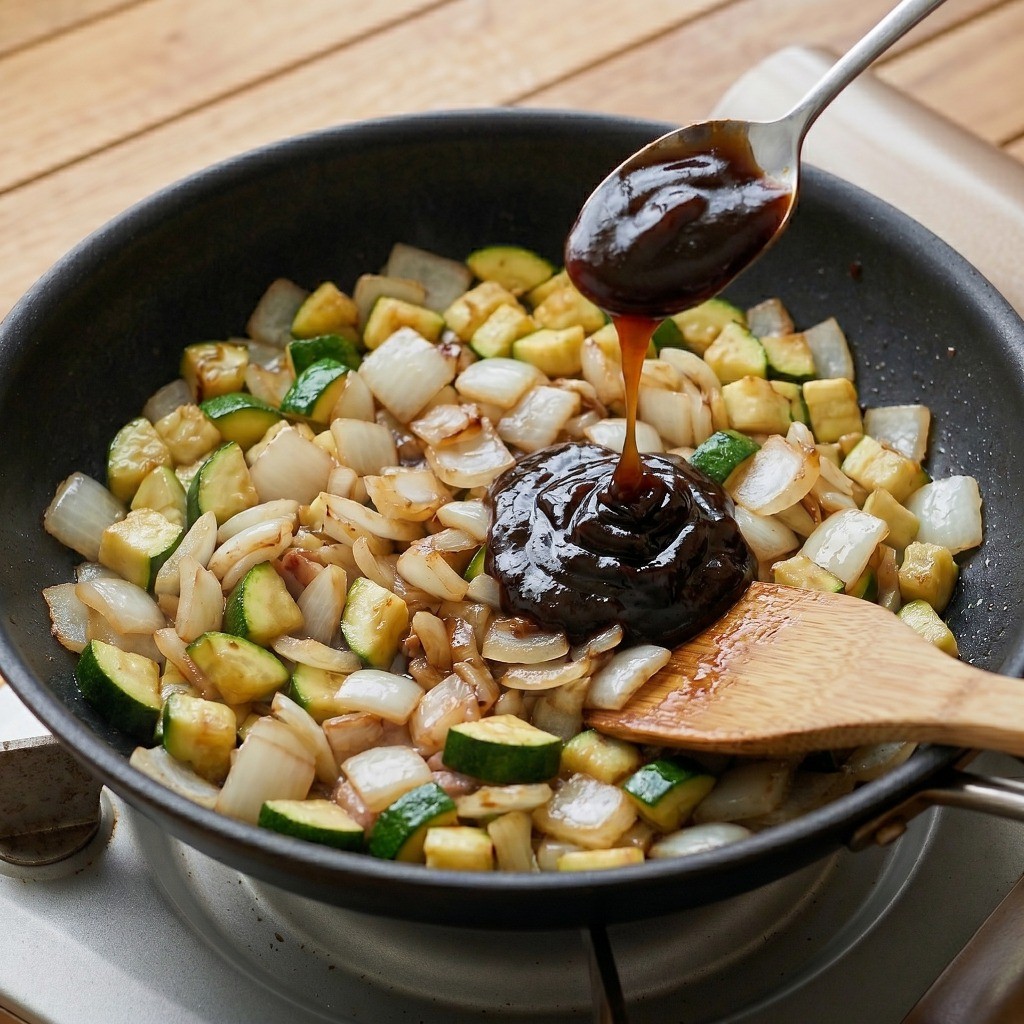 볶은 채소에 굴소스와 짜장라면 액상스프를 넣어 진한 간짜장 소스를 만드는 모습