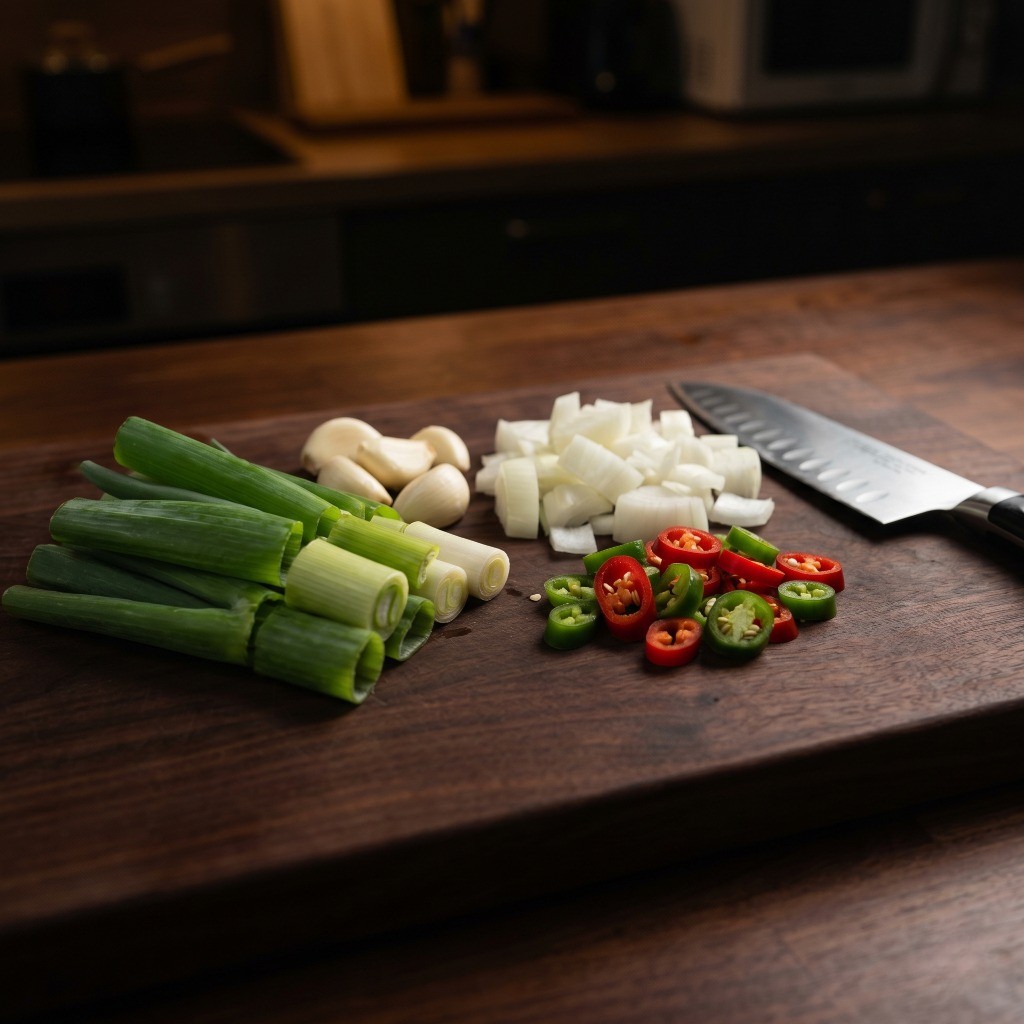 바지락볶음 재료인 대파, 양파, 마늘, 고추 썰기