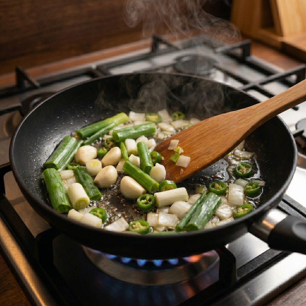 식용유에 파, 마늘, 고추, 양파를 넣고 볶아 향 내기