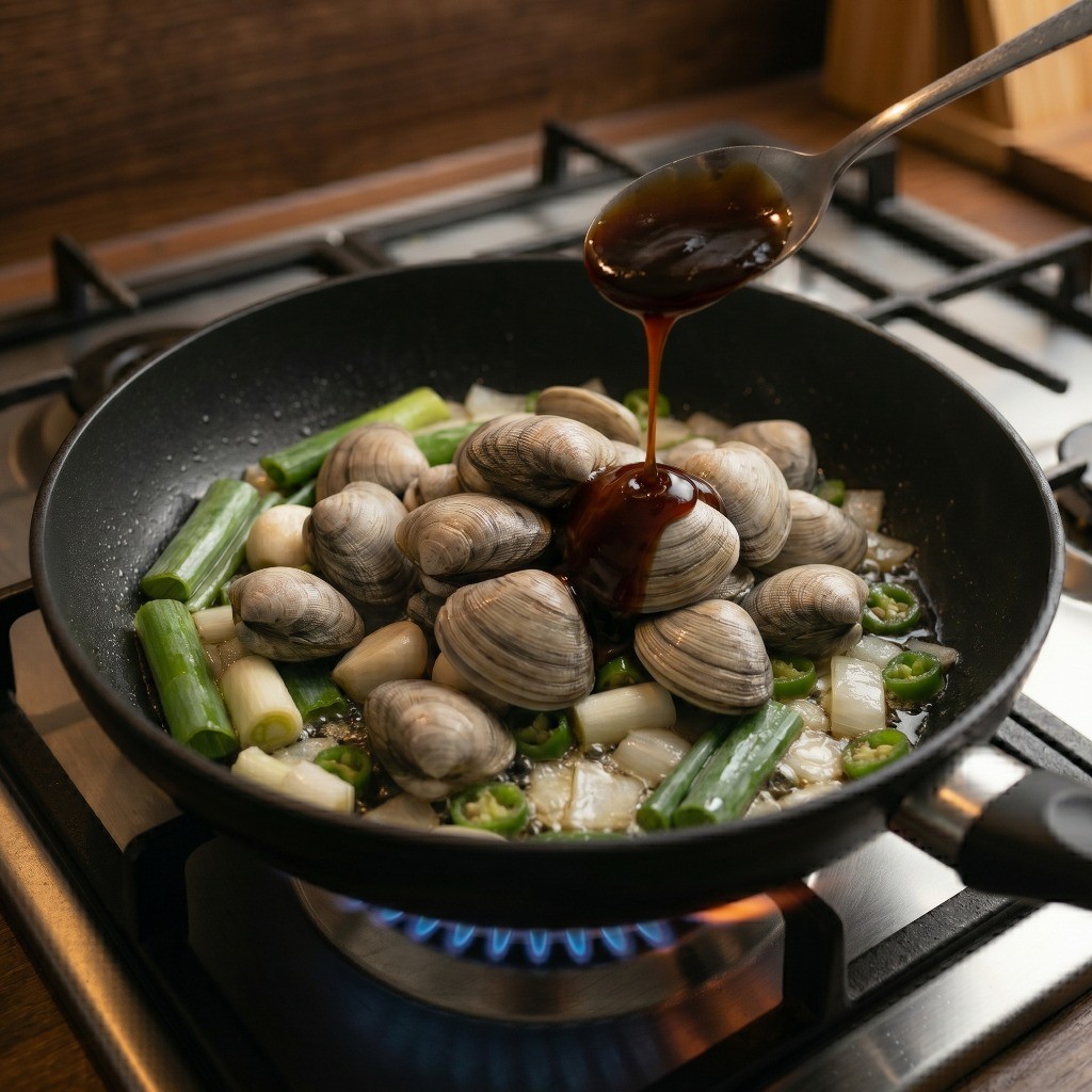 깨끗하게 씻은 바지락과 굴소스, 물 150ml 넣기