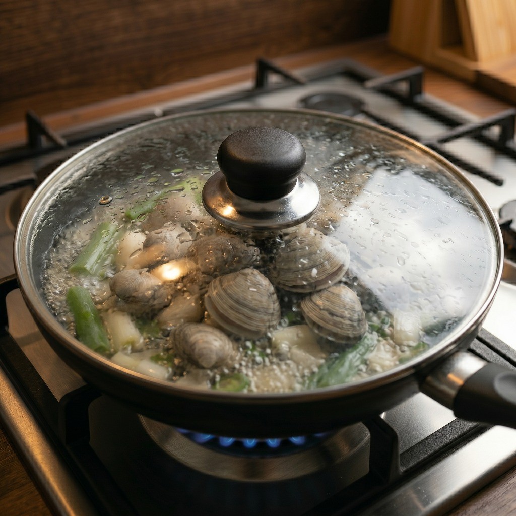 프라이팬 뚜껑을 덮고 바지락이 입을 벌릴 때까지 끓이는 모습