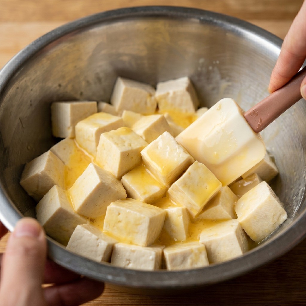 이연복 두부계란볶음 레시피 3단계: 썰어놓은 두부에 달걀물을 입히는 조리 과정