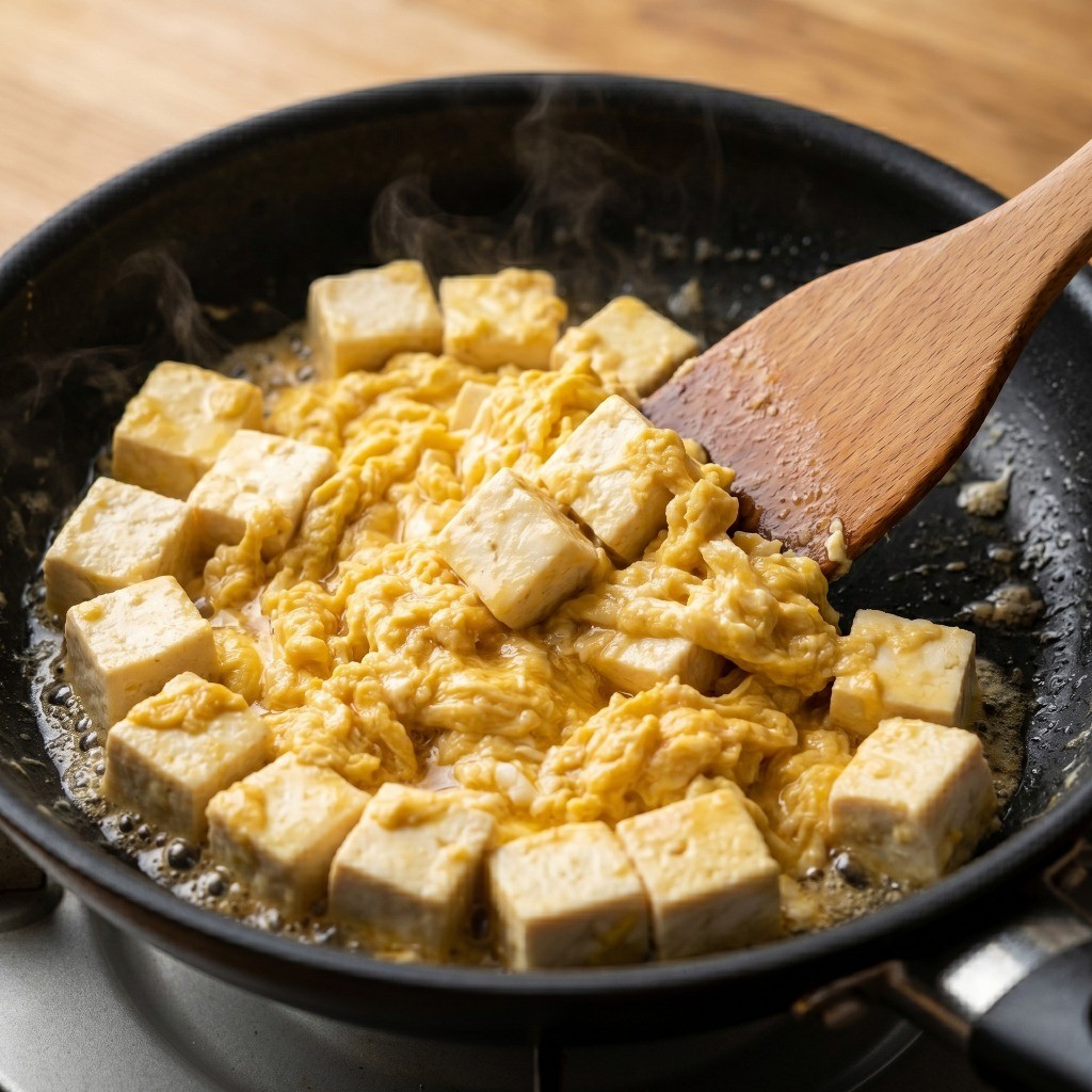 이연복 두부계란볶음 레시피 4단계: 팬에서 두부와 달걀을 포슬포슬하게 볶아내는 모습