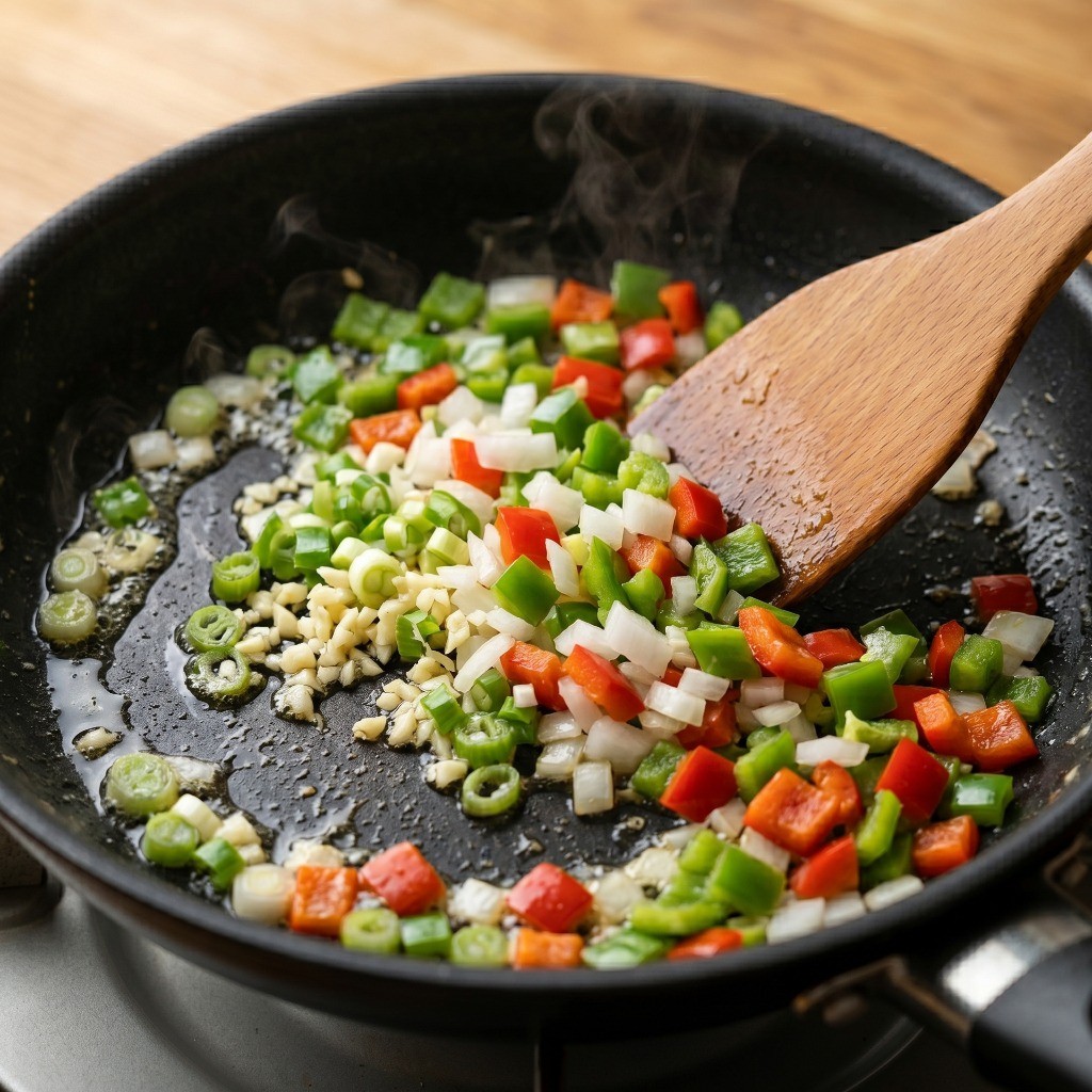이연복 두부계란볶음 레시피 5단계: 파, 마늘, 양파 및 피망 채소를 볶아 향을 내는 과정