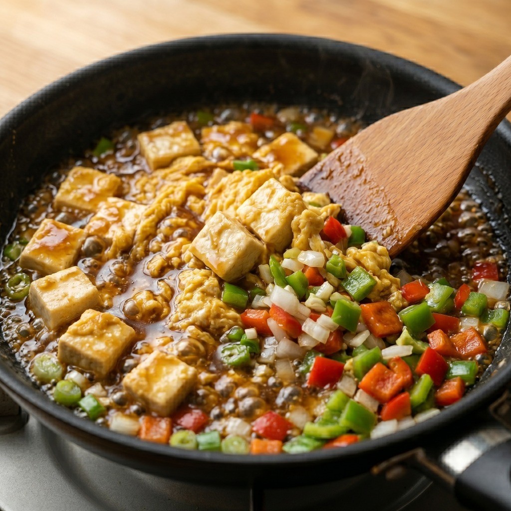 이연복 두부계란볶음 레시피 6단계: 소스에 재료를 버무려 윤기 나게 완성된 요리