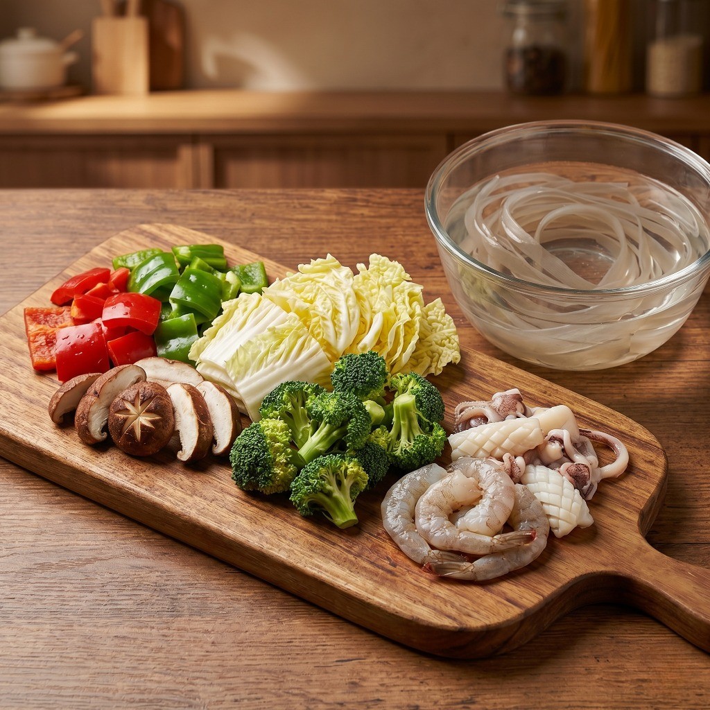 초간단 마라샹궈 재료 준비 과정: 피망, 배추, 버섯 등 채소와 해산물 손질