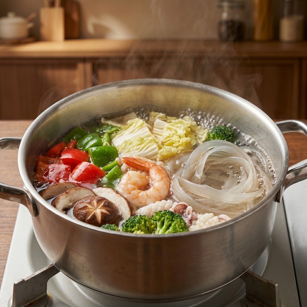 마라샹궈 조리 꿀팁: 끓는 물에 손질한 해산물과 채소, 중화당면을 살짝 데쳐내는 모습