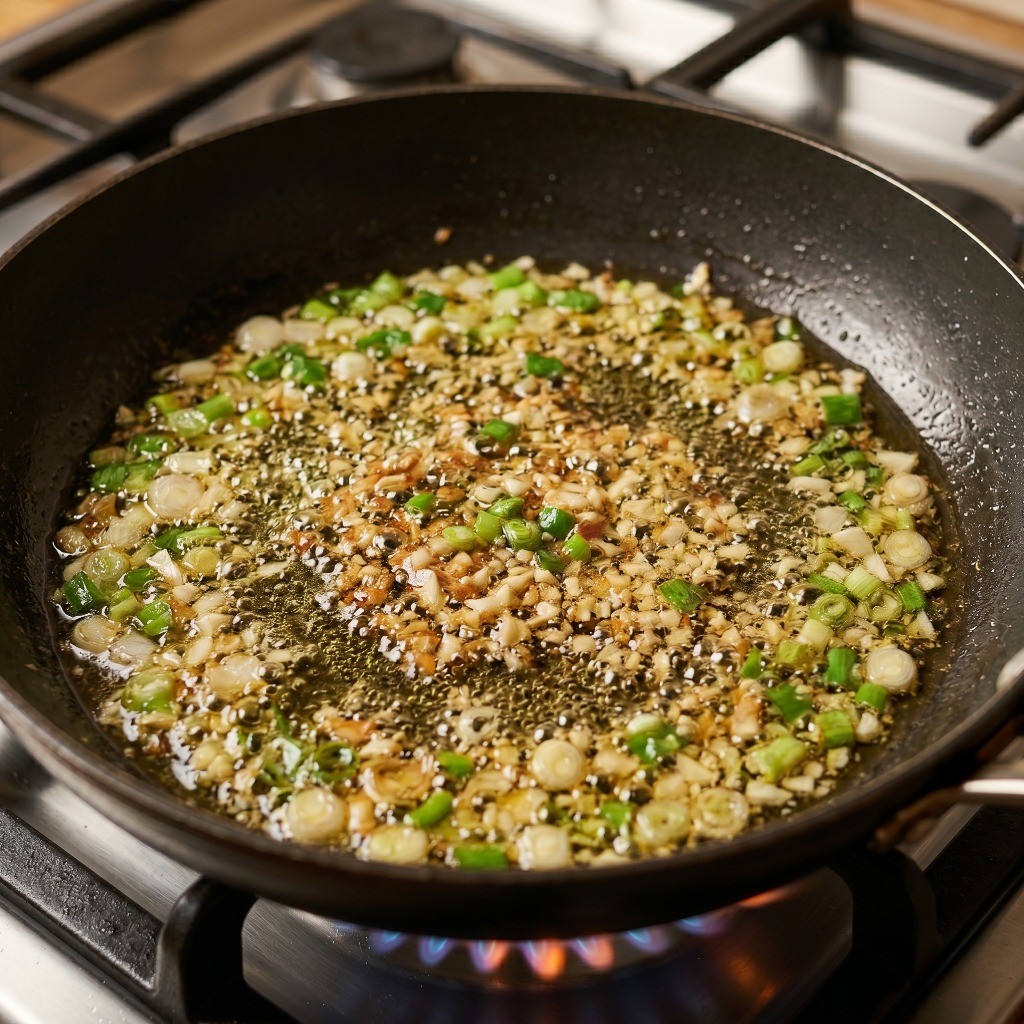 마라샹궈 풍미 올리기: 프라이팬에 파와 마늘을 볶아 고소한 파기름을 내는 과정
