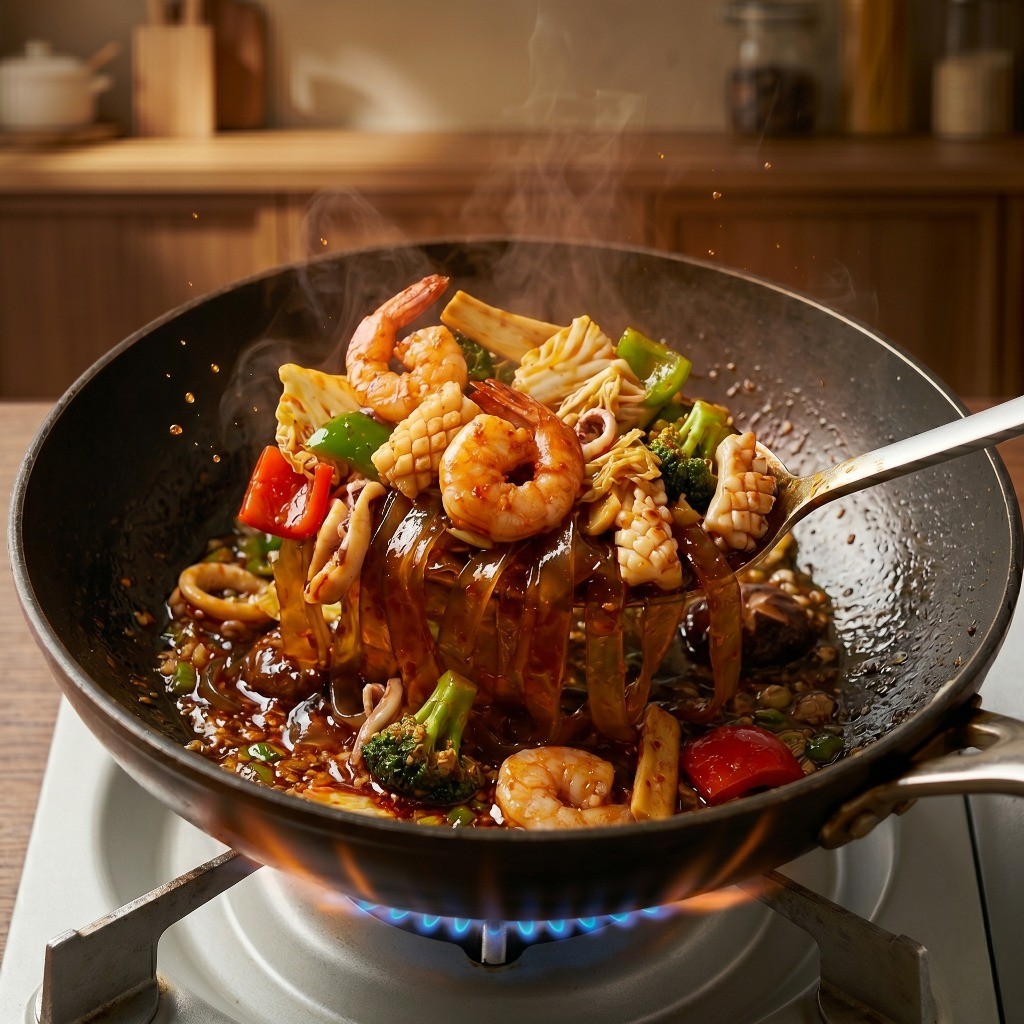 집에서 만드는 마라샹궈: 데친 재료에 요리킥 시판 소스를 넣고 센 불로 빠르게 볶아내는 모습