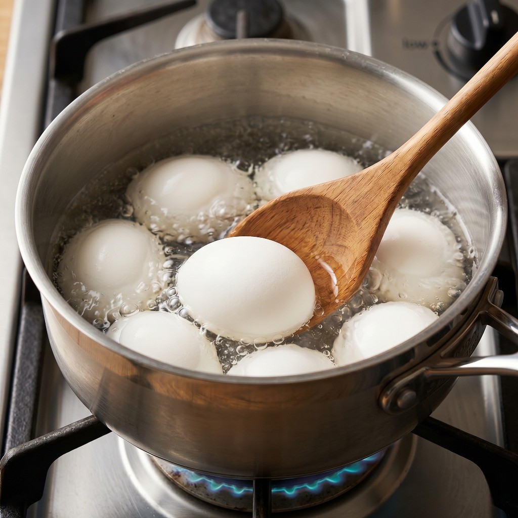 끓는 물에 소금과 식초를 넣고 6분 30초간 계란 반숙으로 삶는 과정