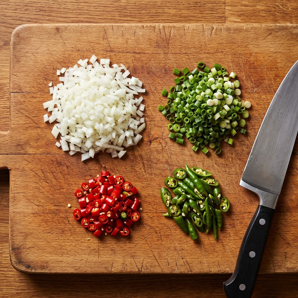 중화풍 계란장 양념에 들어갈 양파, 대파, 청홍고추 다지기 재료 손질