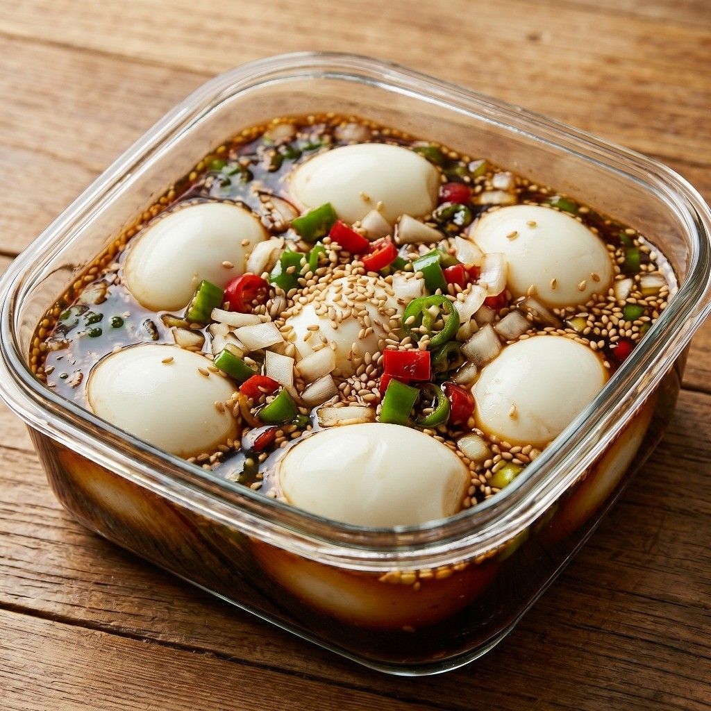 밀폐 용기에 깐 반숙 계란과 끓인 굴소스 양념장, 생야채를 넣고 냉장 숙성하는 모습