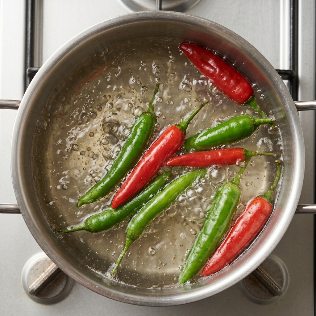 중화냉면 육수 만들기 - 생수, 치킨스톡, 간장, 고추를 냄비에 넣고 끓이는 과정