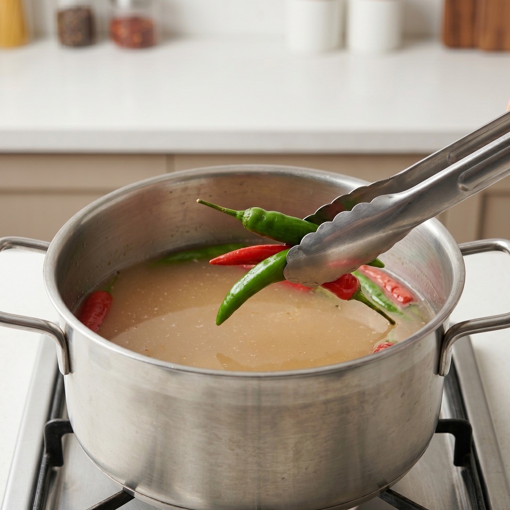매운맛이 우러난 중화냉면 육수에서 청양고추와 홍고추를 건져내어 식히는 모습