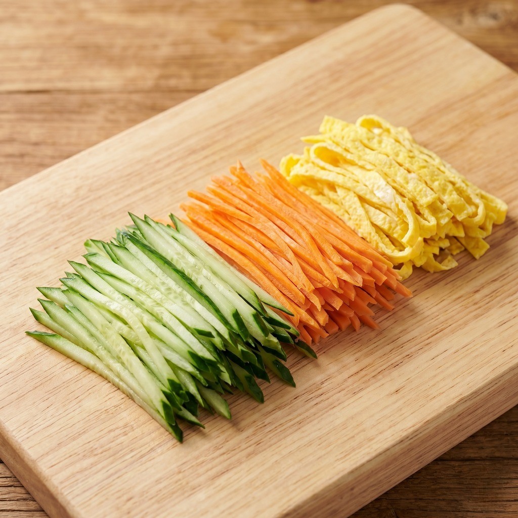 중화냉면 고명 준비 - 오이, 당근 채썰기 및 노란 계란 지단 만들기