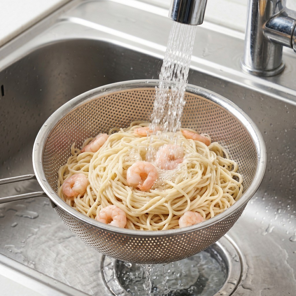 중화면과 칵테일 새우를 끓는 물에 삶은 후 찬물에 헹궈 쫄깃한 식감을 살리는 모습