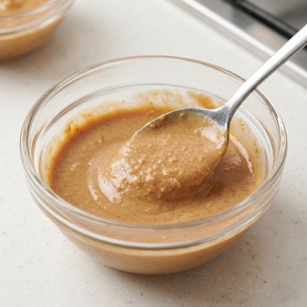 고소한 중화냉면 비법 땅콩소스 - 따뜻한 물과 땅콩버터를 섞어 부드럽게 푸는 과정
