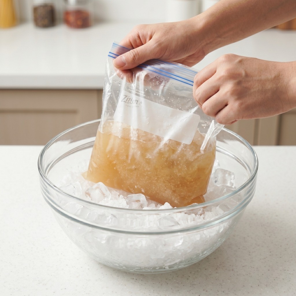 이연복 살얼음 육수 꿀팁 - 지퍼백에 육수를 담고 소금과 얼음을 섞어 흔들어 살얼음을 만드는 모습