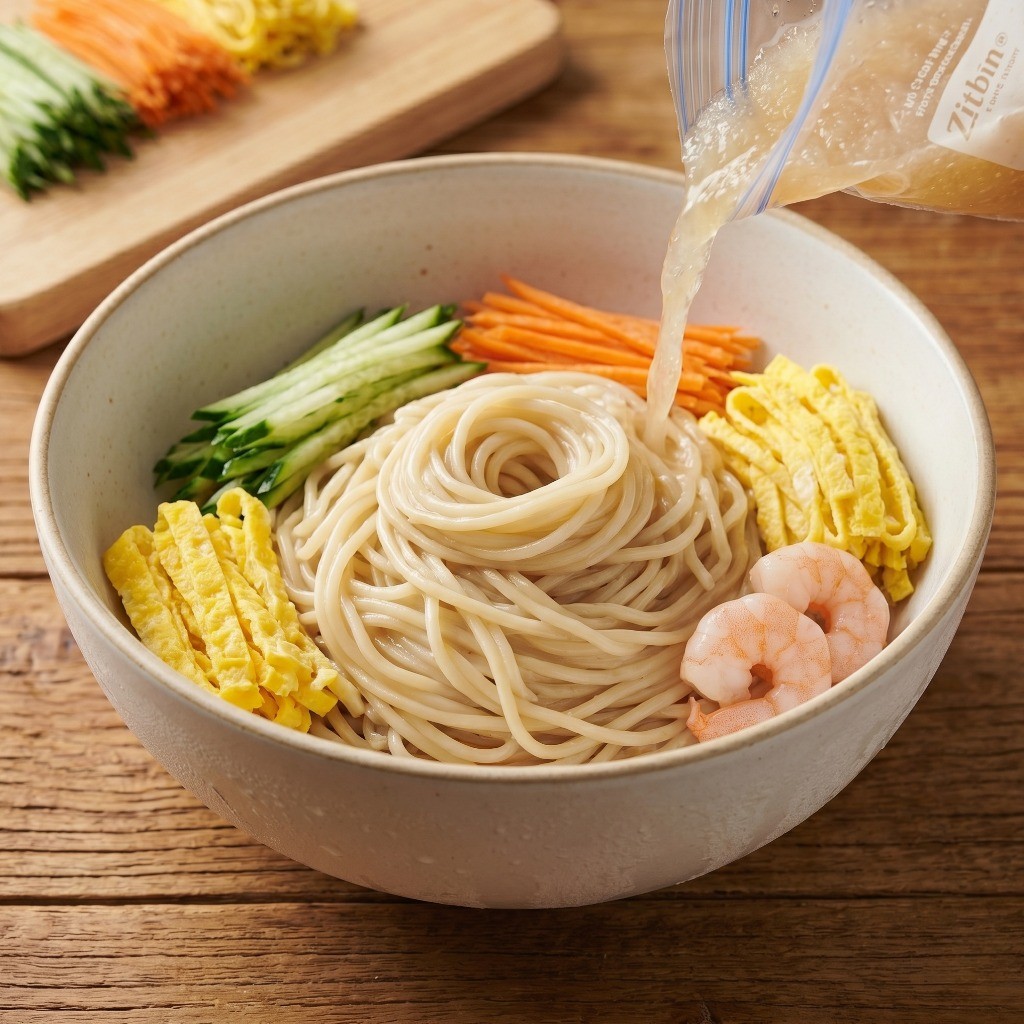 시원한 중화냉면 완성 - 면 위에 화려한 고명을 올리고 살얼음 육수와 땅콩소스를 부은 모습