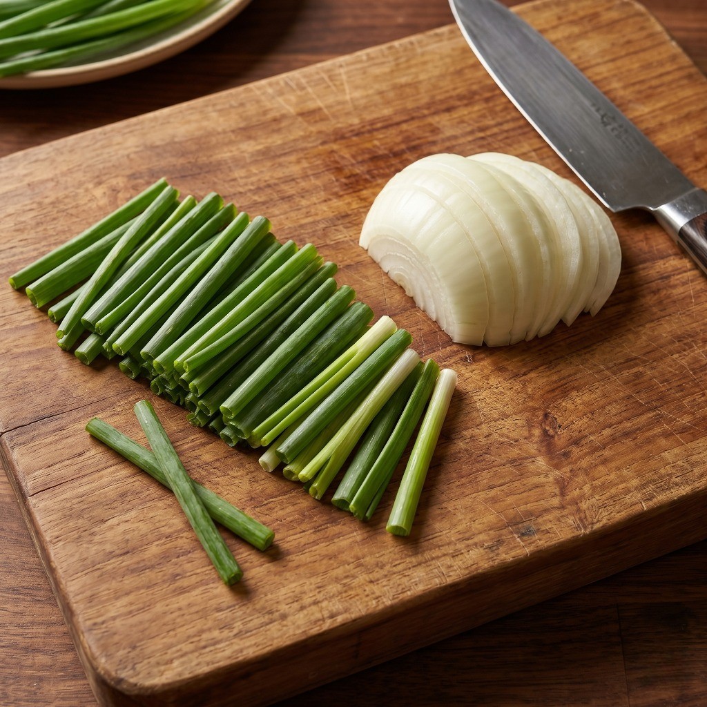 비프 차우펀 재료 준비: 적당한 두께로 채 썬 양파와 길쭉하게 썬 쪽파