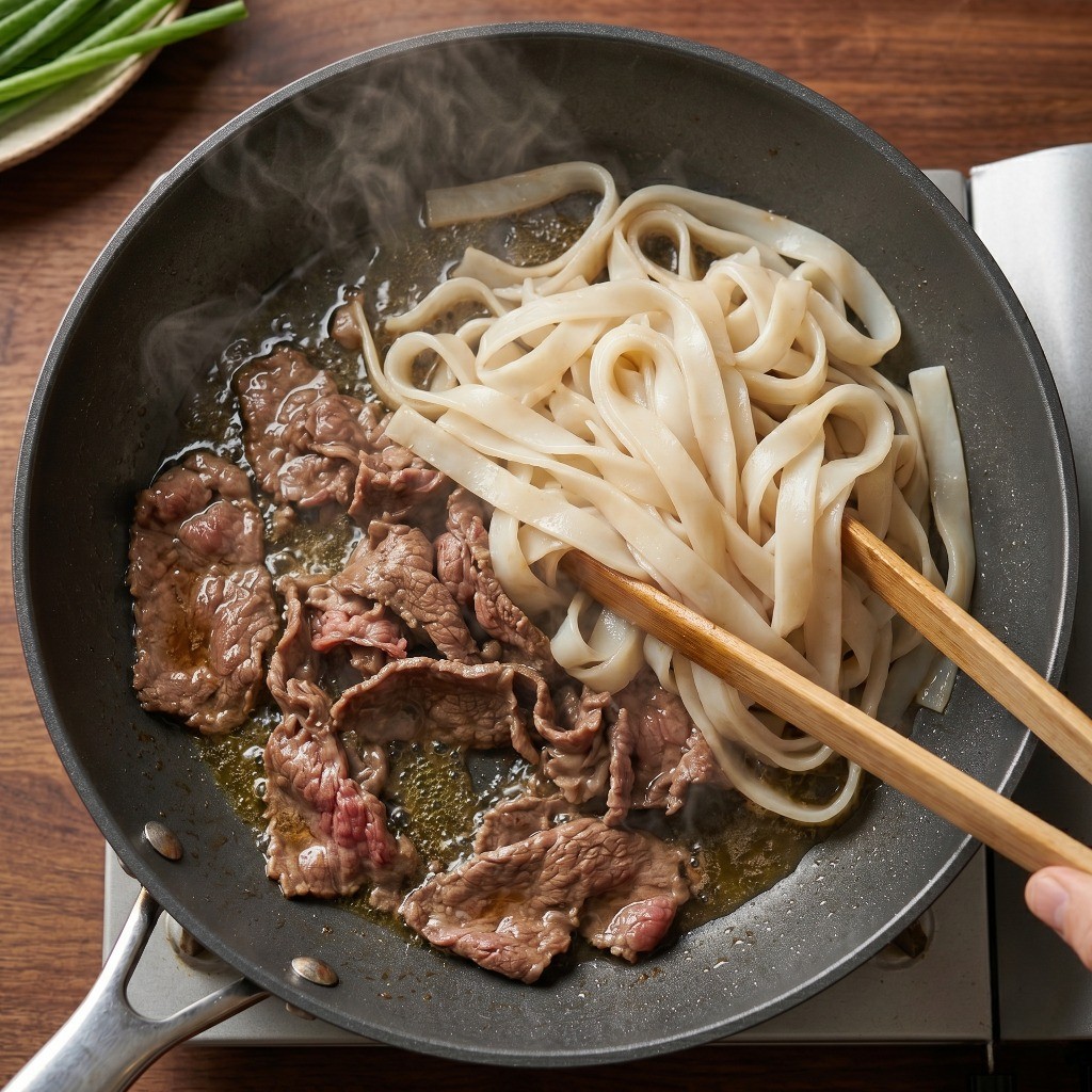 우삼겹 기름에 1시간 불린 쌀국수 면을 1차로 볶아내는 과정