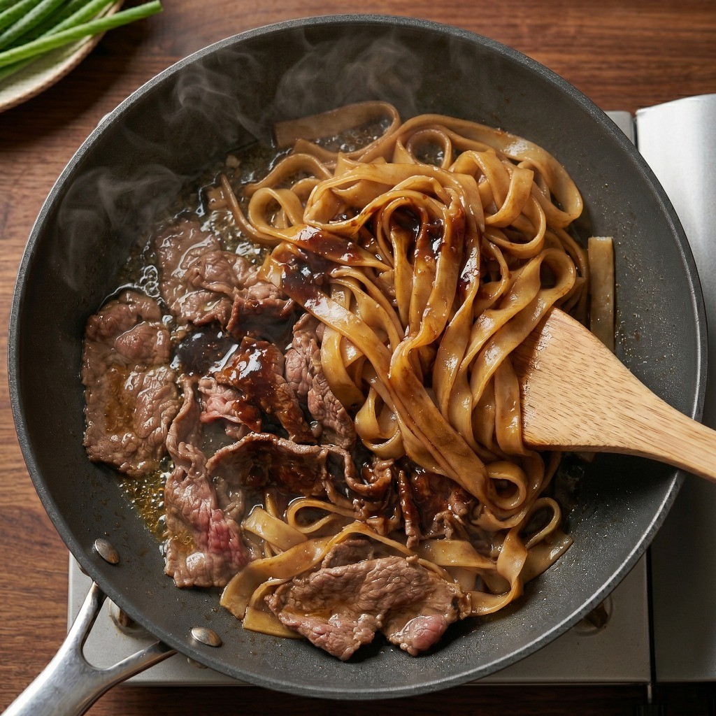 특제 간장 소스를 넣고 쌀국수에 먹음직스러운 색이 배도록 재빨리 볶아내는 모습