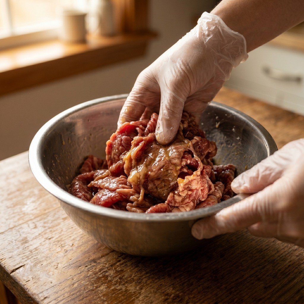 이연복 소고기 덮밥 만들기 1단계: 부채살에 전분과 계란물을 섞어 고기를 부드럽게 하는 호화 과정