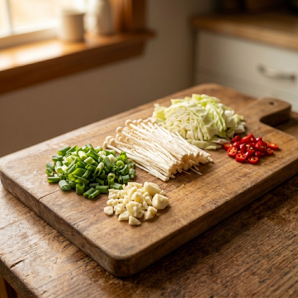 이연복 소고기 덮밥 만들기 2단계: 대파, 마늘, 양파, 배추, 팽이버섯 등 부재료 채소 손질 모습