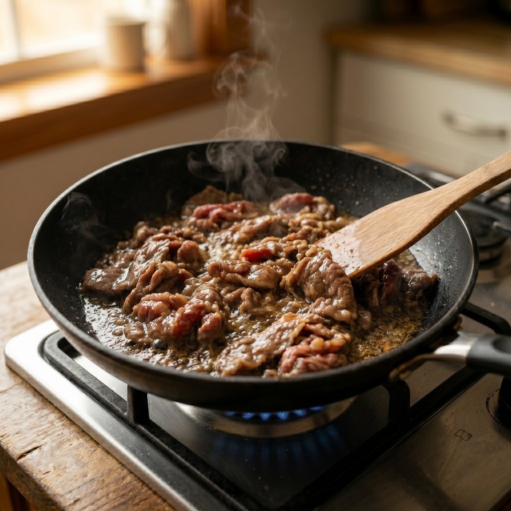 이연복 소고기 덮밥 만들기 3단계: 달궈진 팬에 기름을 두르고 밑간 한 소고기를 부드럽게 볶는 모습