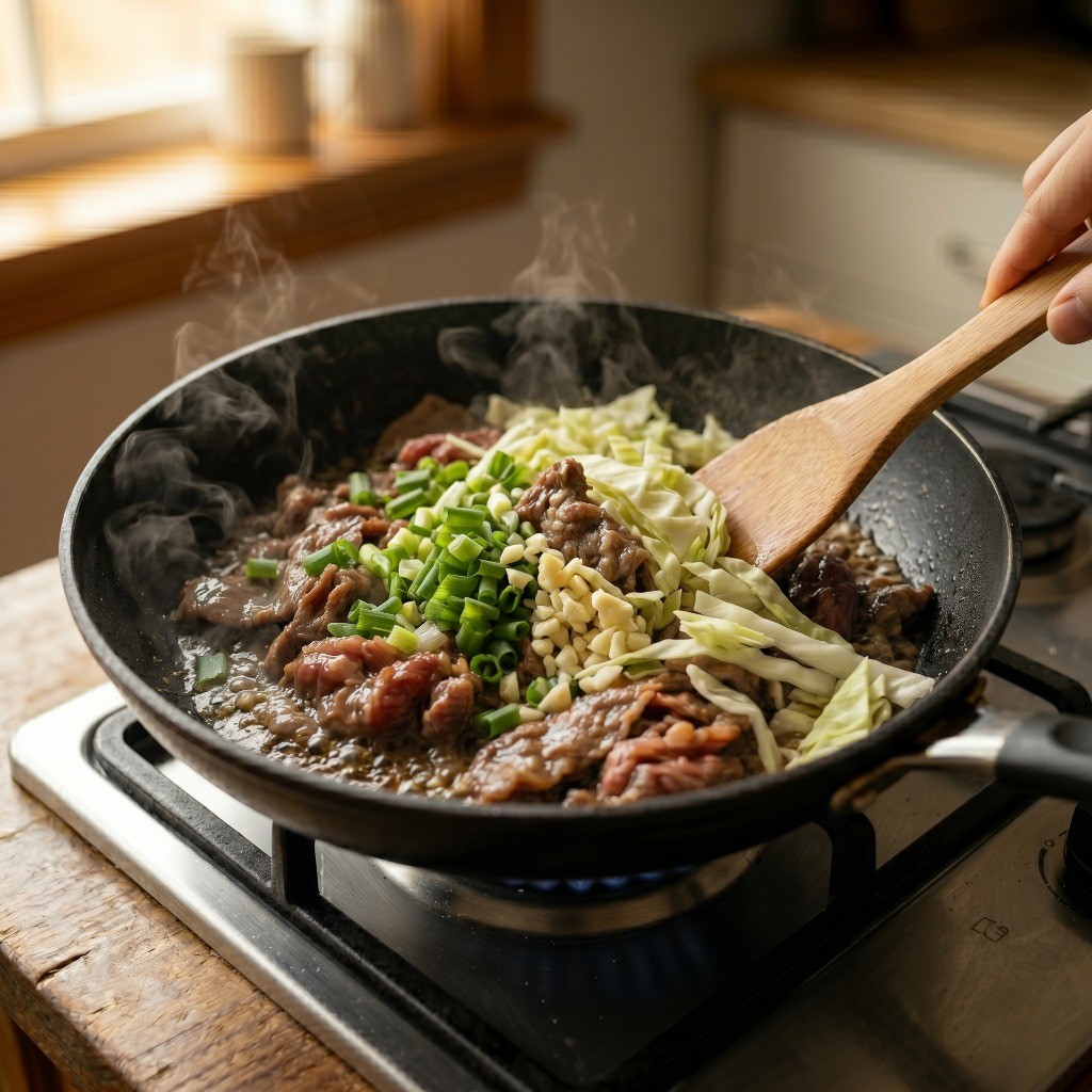 이연복 소고기 덮밥 만들기 4단계: 볶은 고기에 파기름을 내고 준비한 채소를 넣어 함께 볶는 과정
