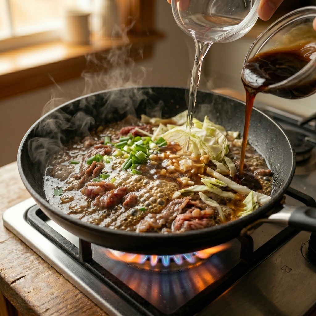 이연복 소고기 덮밥 만들기 5단계: 물과 굴소스 양념장을 넣어 자작하게 덮밥 국물을 끓이는 모습