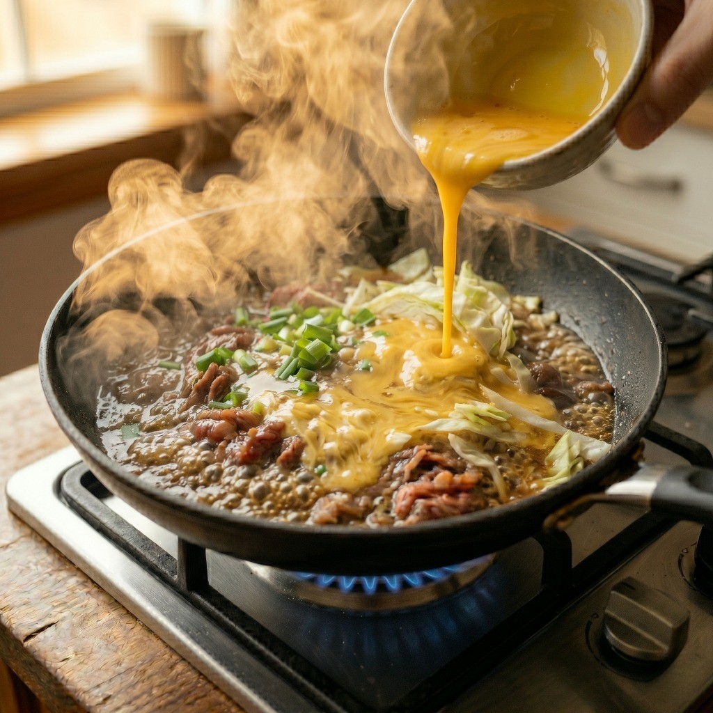 이연복 소고기 덮밥 만들기 6단계: 마지막으로 계란물을 부어 밥 위에 얹을 덮밥 소스를 완성한 모습