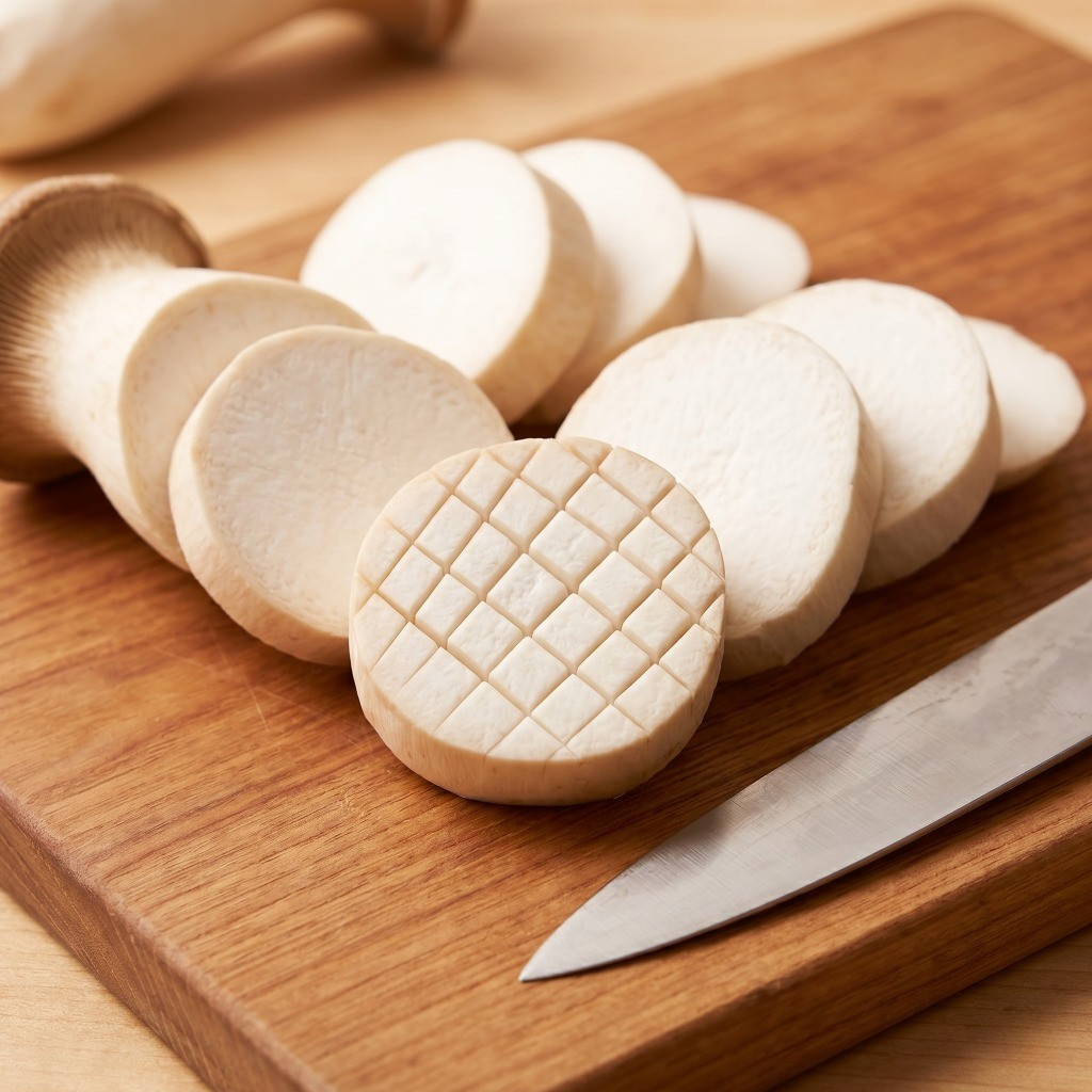 어향동고 스타일 새송이버섯 손질법: 관자 모양으로 두툼하게 자르기