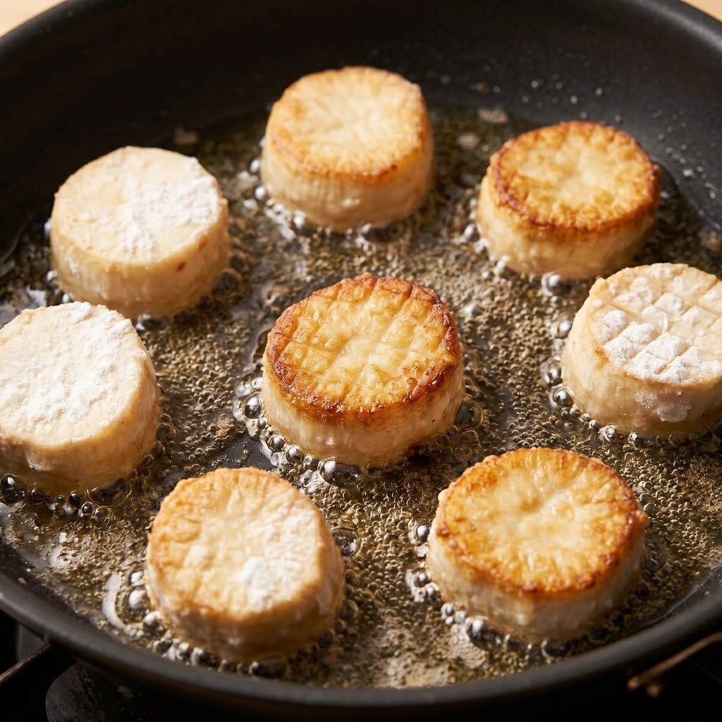 전분옷을 입힌 새송이버섯을 프라이팬에 노릇하게 굽는 과정